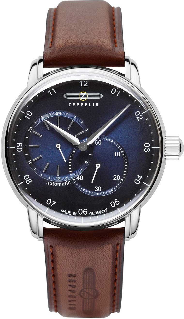 Herrenarmbanduhr: braunes Lederband, silbernes Gehäuse, blaues Zifferblatt mit Zählern