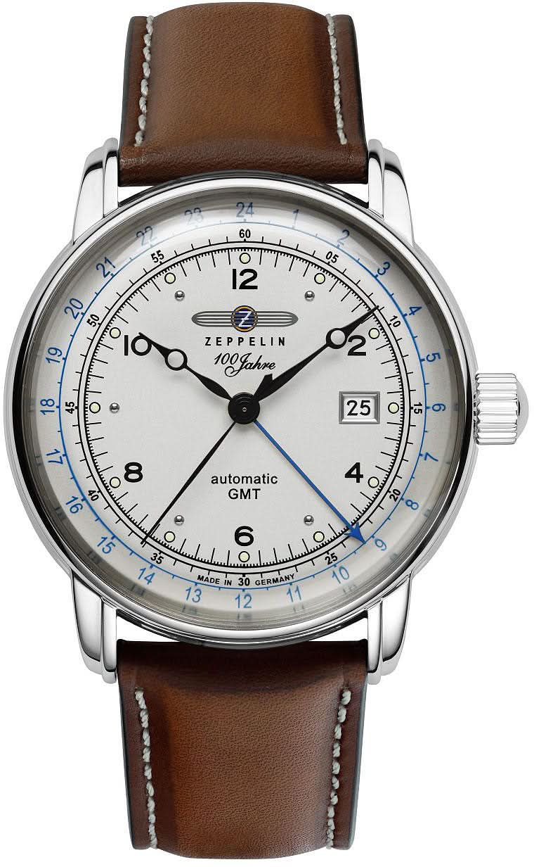 Orologio da uomo Zeppelin con cinturino in pelle marrone, cassa argentata e quadrante bianco (GMT)