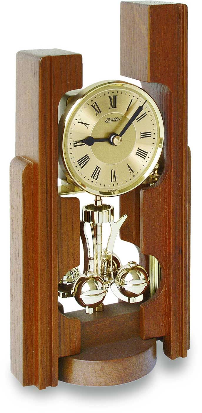 Orologio da tavolo in legno con movimento a pendolo, quadrante romano e pendolo in ottone, cassa marrone