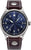 Runde Herrenuhr mit blauem Zifferblatt, silbernem Gehäuse und braunem Lederarmband