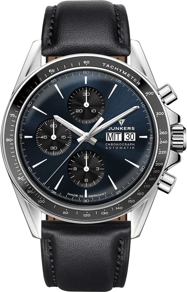 Orologio da uomo Junkers con cinturino in pelle nera, quadrante blu e dettagli cronografici.