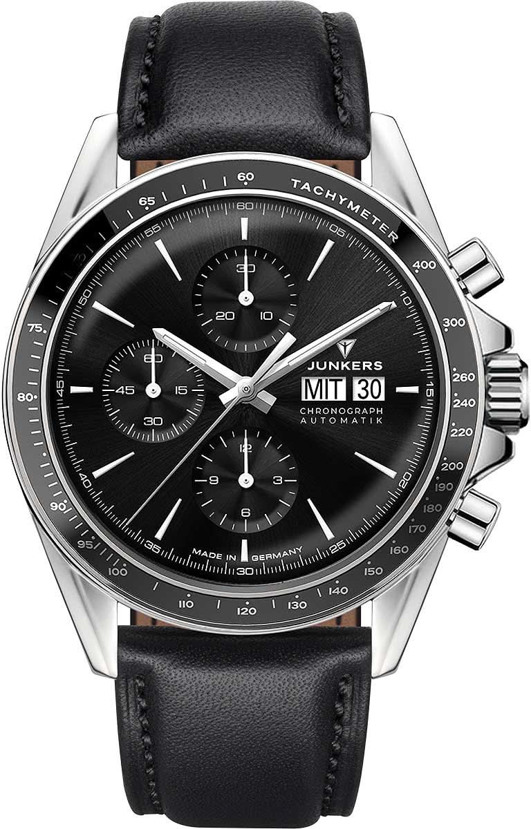 Orologio da uomo Junkers con cinturino in pelle nera, quadrante nero e cronografo