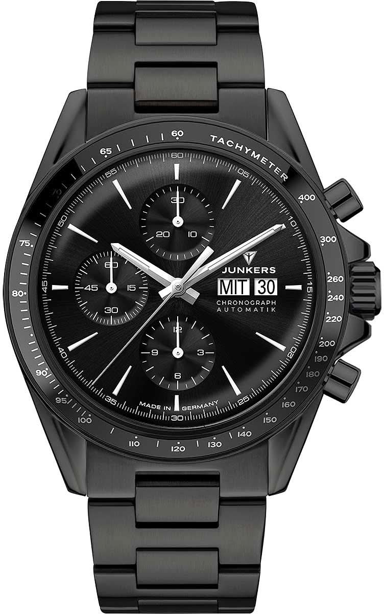 Orologio cronografo da uomo Junkers nero con tachimetro, tre sottoquadranti e cinturino nero.