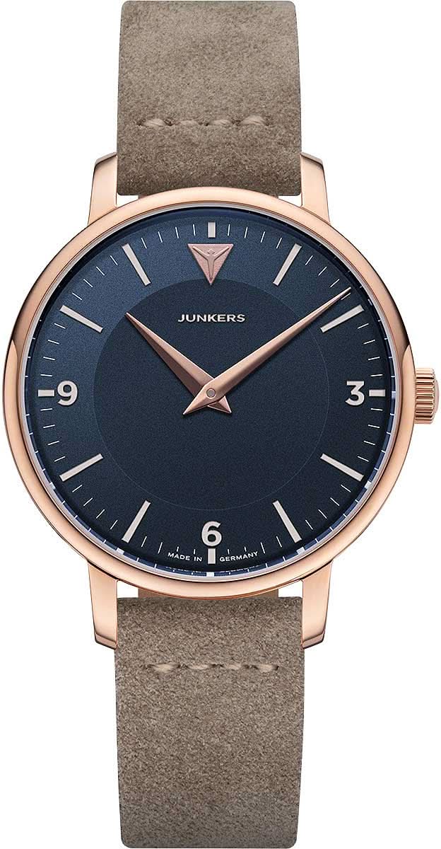 Orologio da donna Junkers in stile Bauhaus con quadrante blu scuro, cassa oro rosa e cinturino in pelle beige