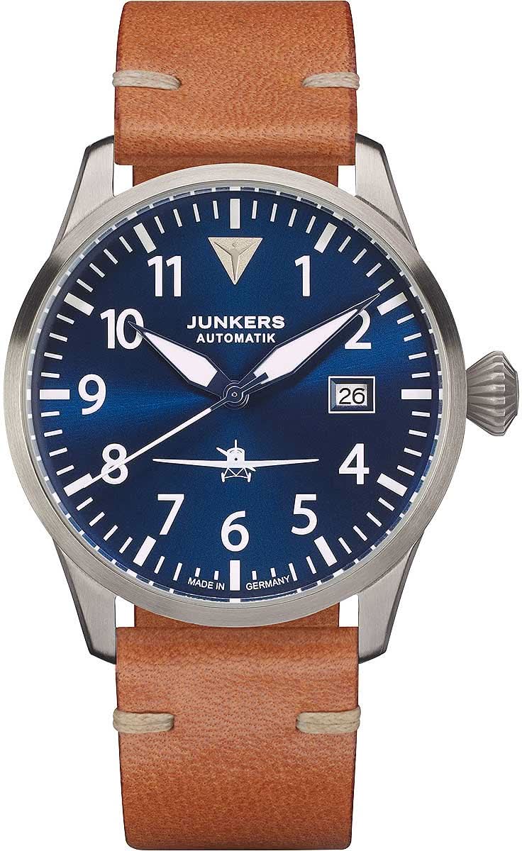 Orologio da uomo con quadrante blu, datario e cinturino in pelle marrone, automatico