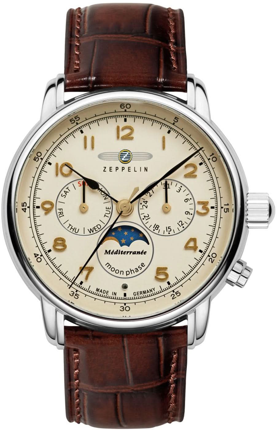 Orologio da uomo con cinturino in pelle marrone, cassa argentata e quadrante beige