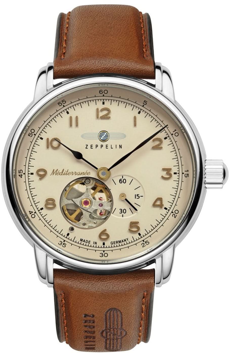 Orologio da uomo Zeppelin con cassa argentata, quadrante beige e cinturino in pelle marrone, meccanico a vista.