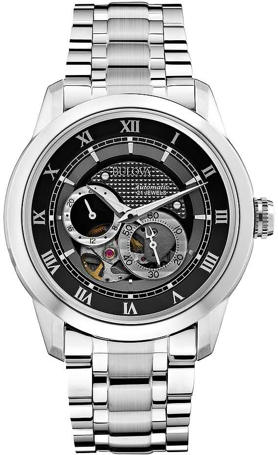 Orologio da uomo automatico con quadrante scheletrato, cinturino in metallo argentato e anello interno nero