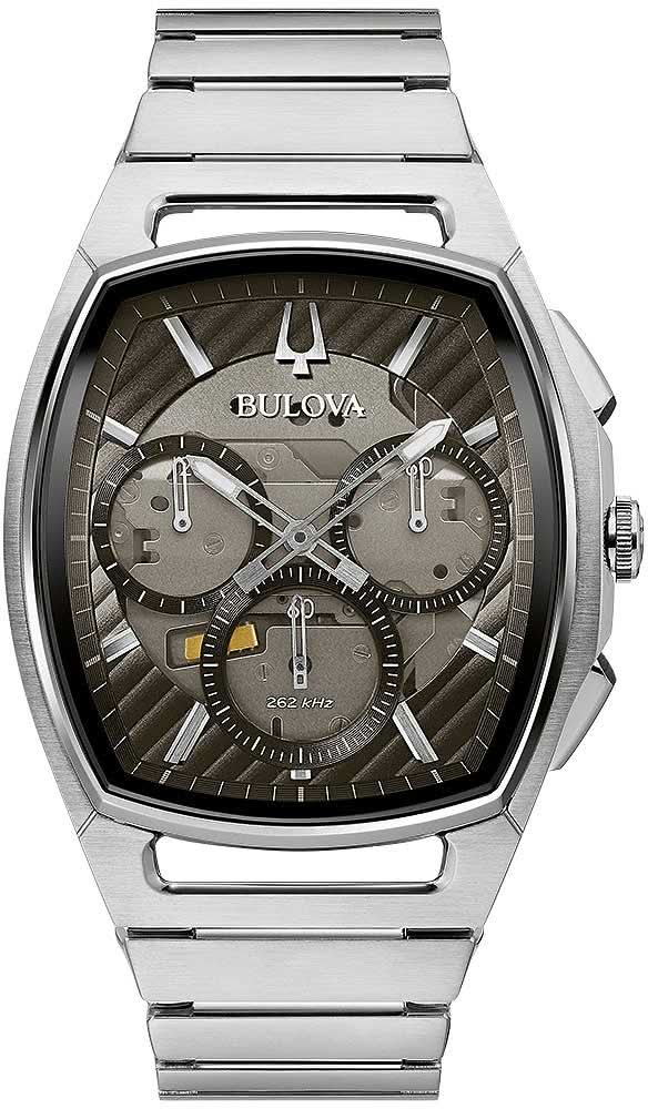 Orologio da uomo Bulova con bracciale in acciaio inossidabile argentato e quadrante scuro, design curvo