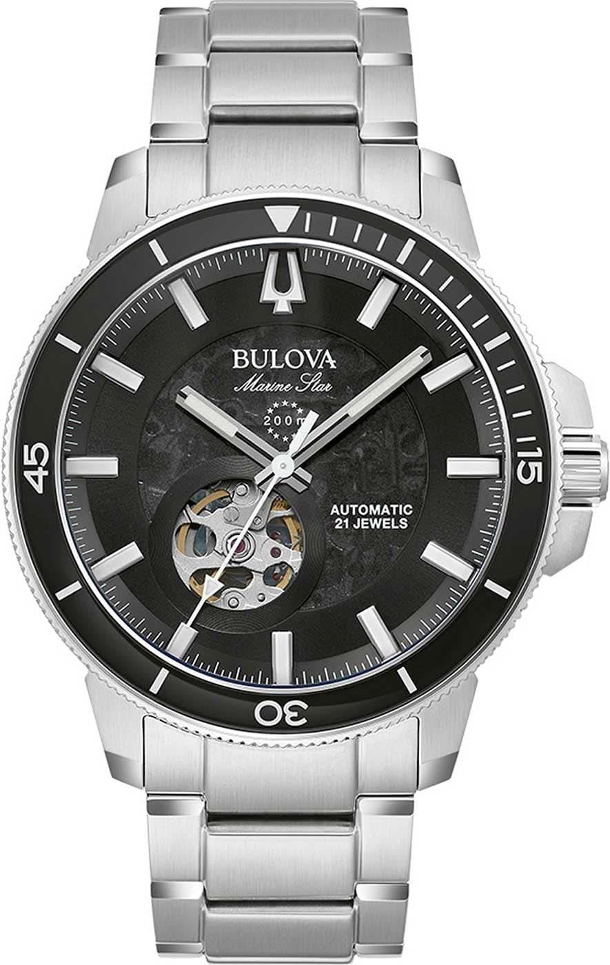 Orologio da uomo Bulova Marine Star con quadrante nero, movimento automatico e bracciale in acciaio inossidabile