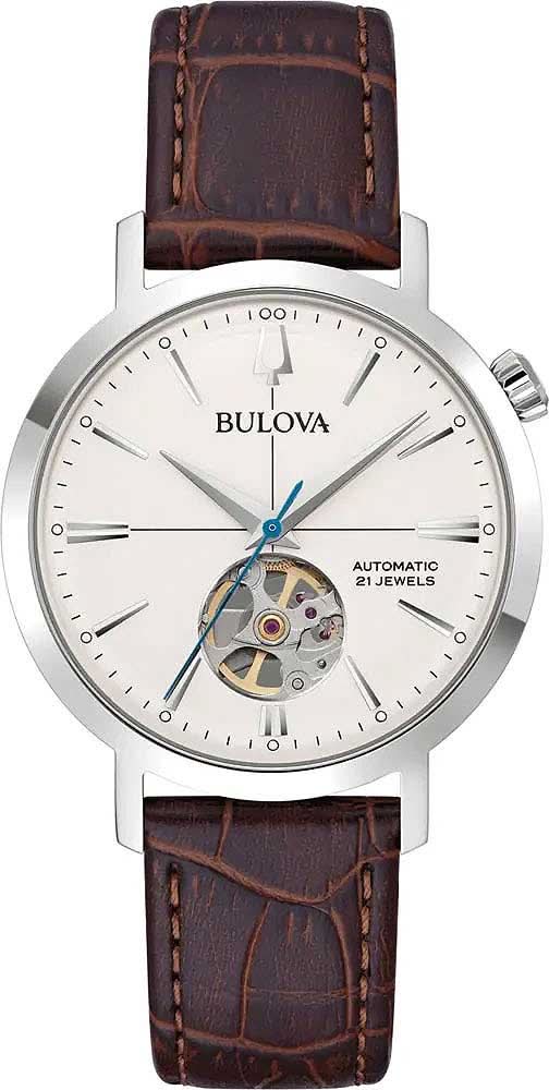 Orologio da uomo con bilanciere a vista, quadrante argentato e cinturino in pelle marrone