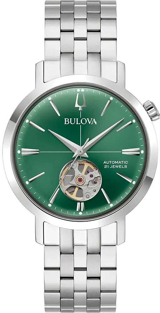 Orologio automatico da uomo con quadrante verde, cinturino in acciaio inossidabile e open-heart