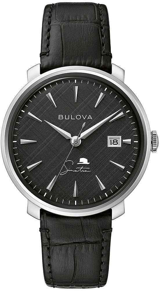 Bulova Herrenuhr mit schwarzem Zifferblatt, silbernem Gehäuse und schwarzem Lederarmband