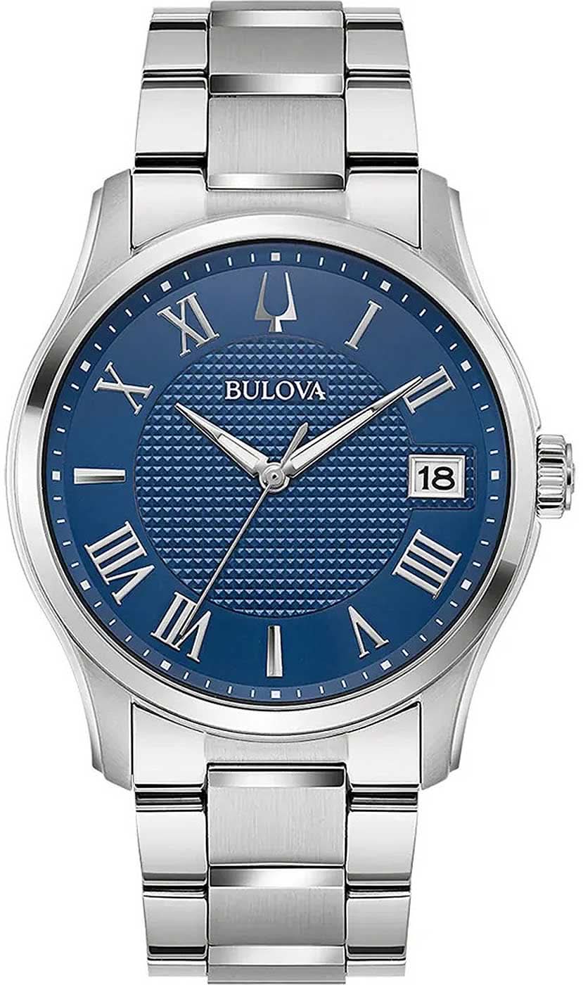 Orologio da uomo Bulova in acciaio inossidabile con quadrante blu, datario