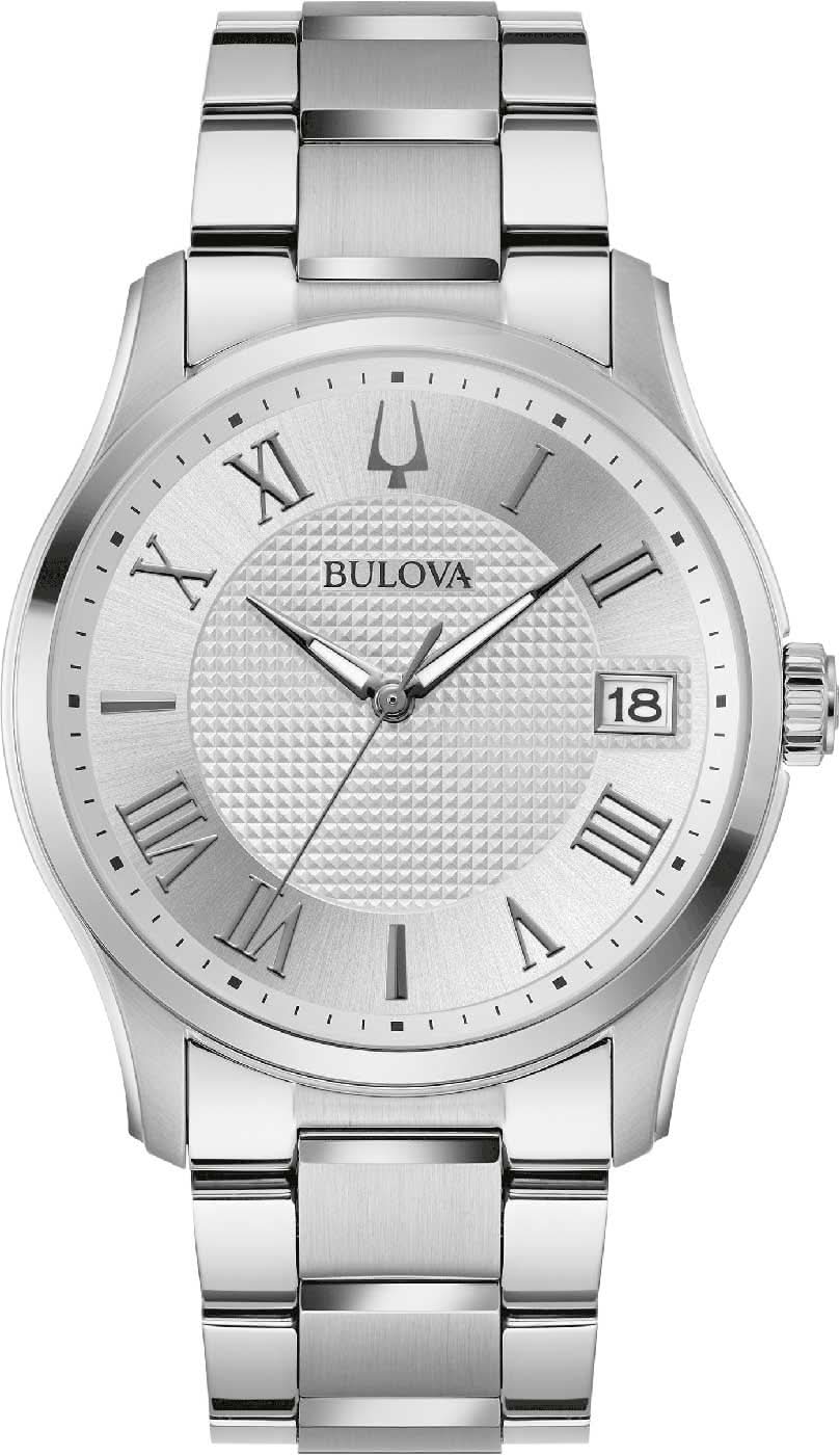 Orologio da uomo Bulova con quadrante argentato, numeri romani e datario, cinturino in acciaio inossidabile