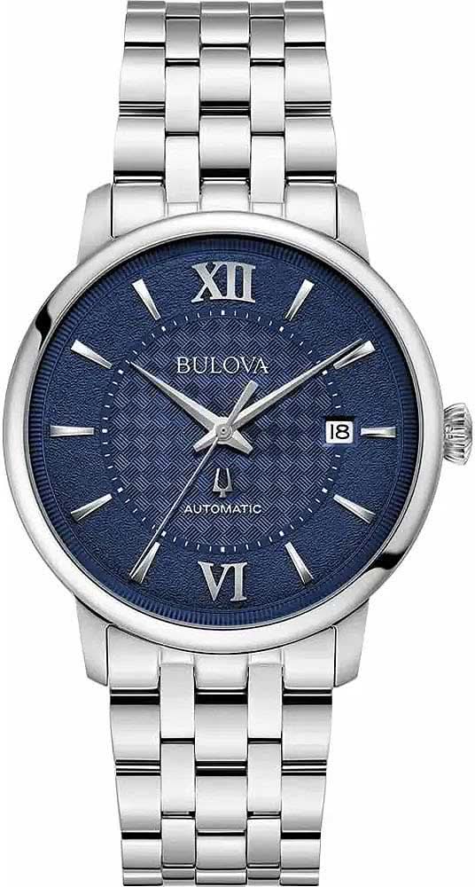 Orologio da uomo Bulova: quadrante blu, numeri romani, datario, cinturino in acciaio inossidabile.