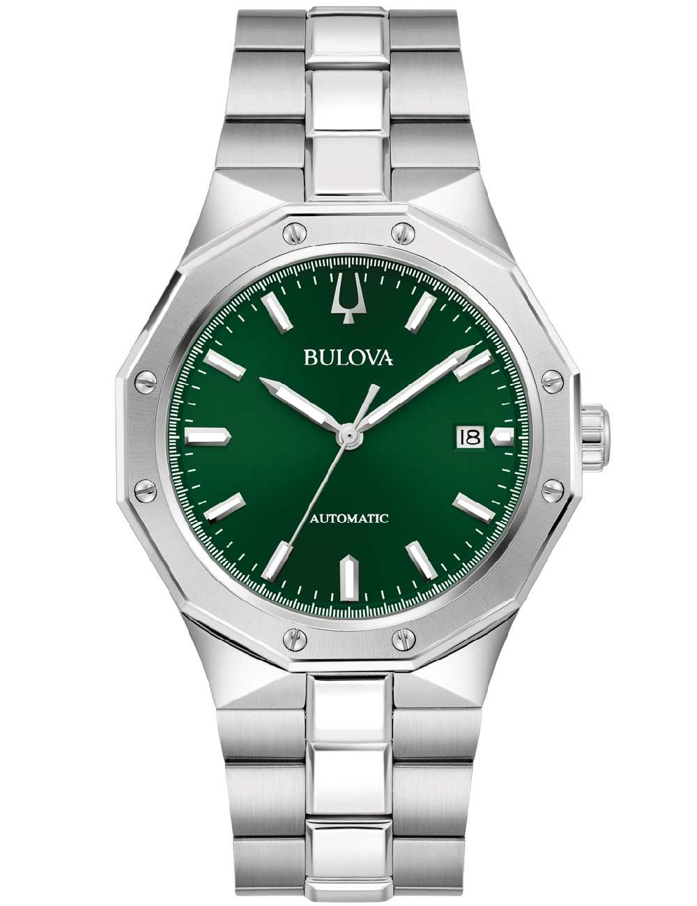 Zegarek męski Bulova z zieloną tarczą, mechanizmem automatycznym i bransoletą ze stali szlachetnej