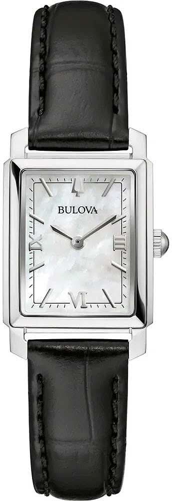 Orologio da donna Bulova con quadrante in madreperla e cinturino in pelle nera, cassa rettangolare