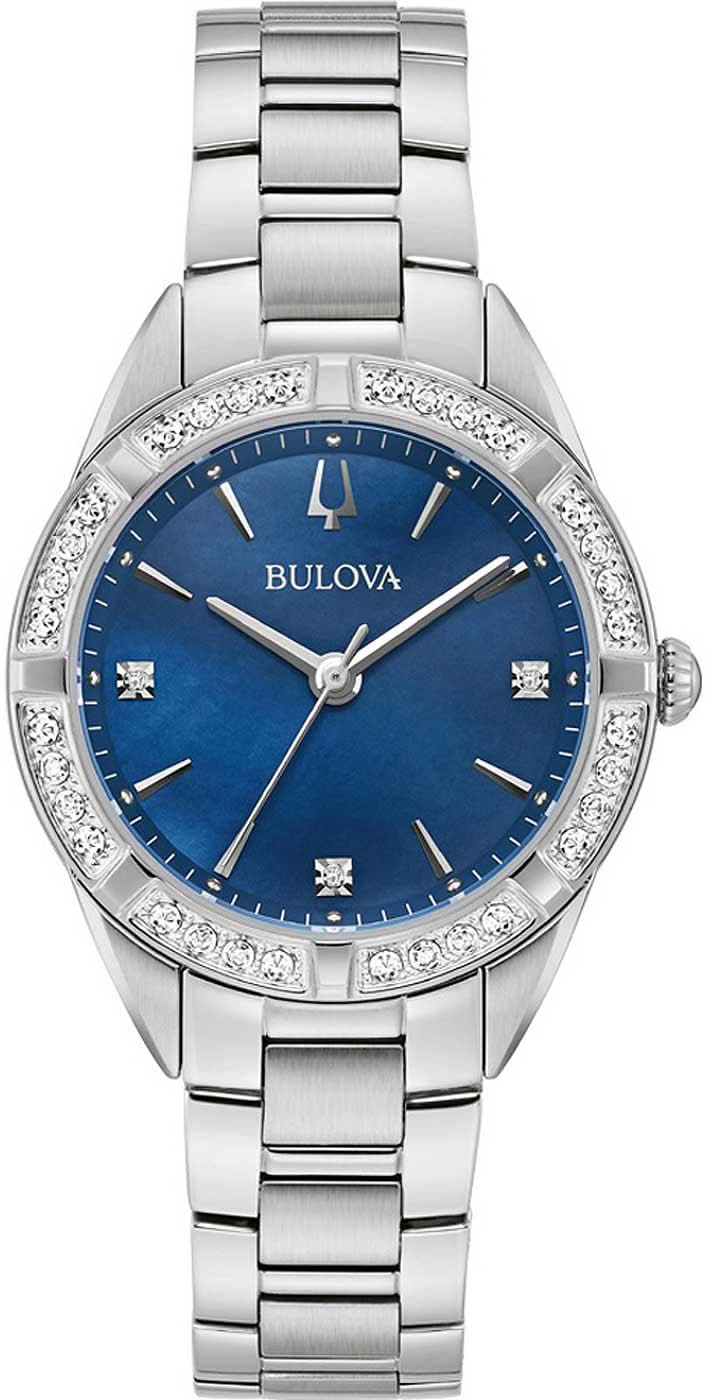 Orologio da donna con quadrante blu, lunetta con diamanti e bracciale in acciaio inossidabile argentato