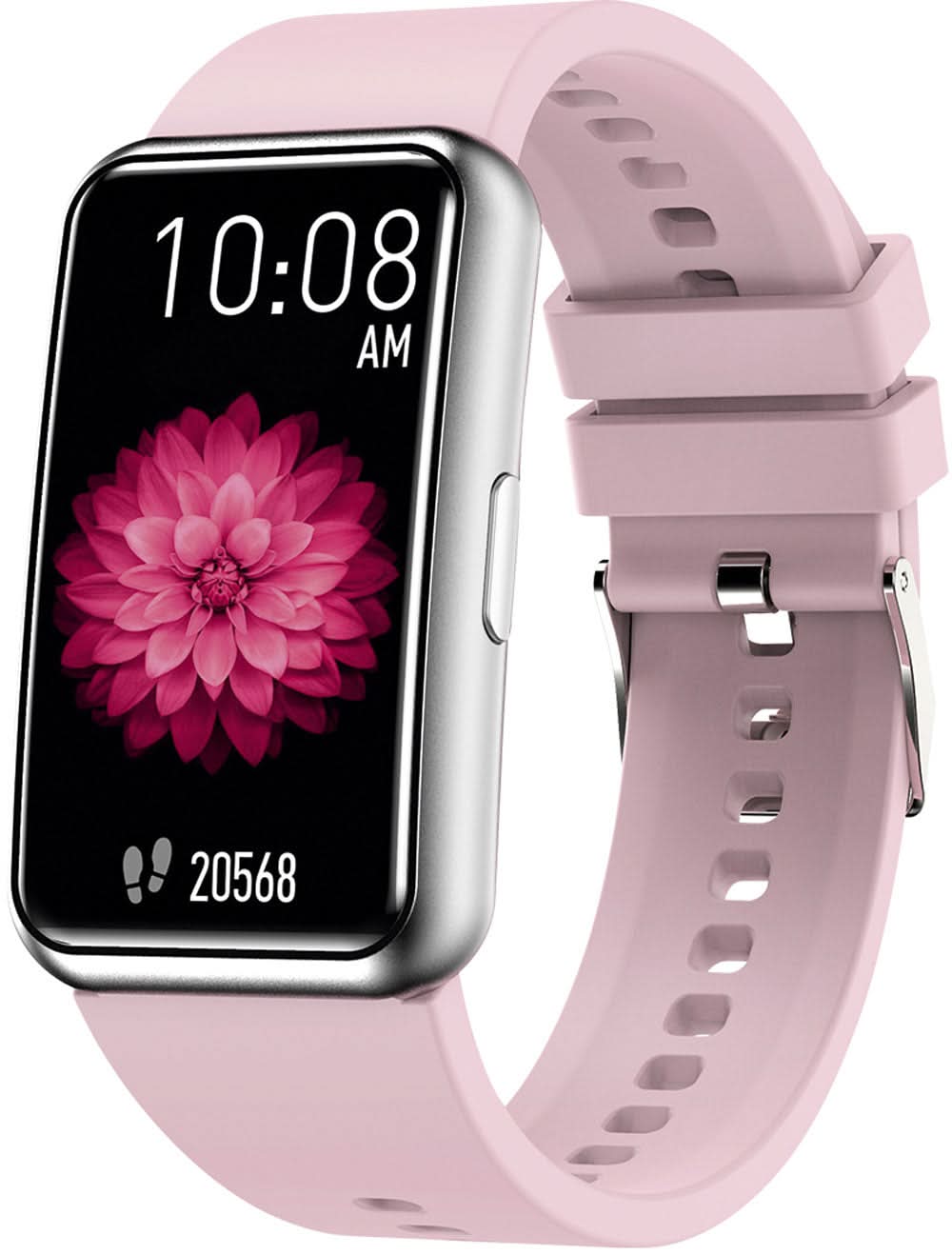 Smartwatch con cinturino in silicone rosa, display rettangolare e motivo floreale.