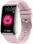 Smartwatch con cinturino in silicone rosa, display rettangolare e motivo floreale.