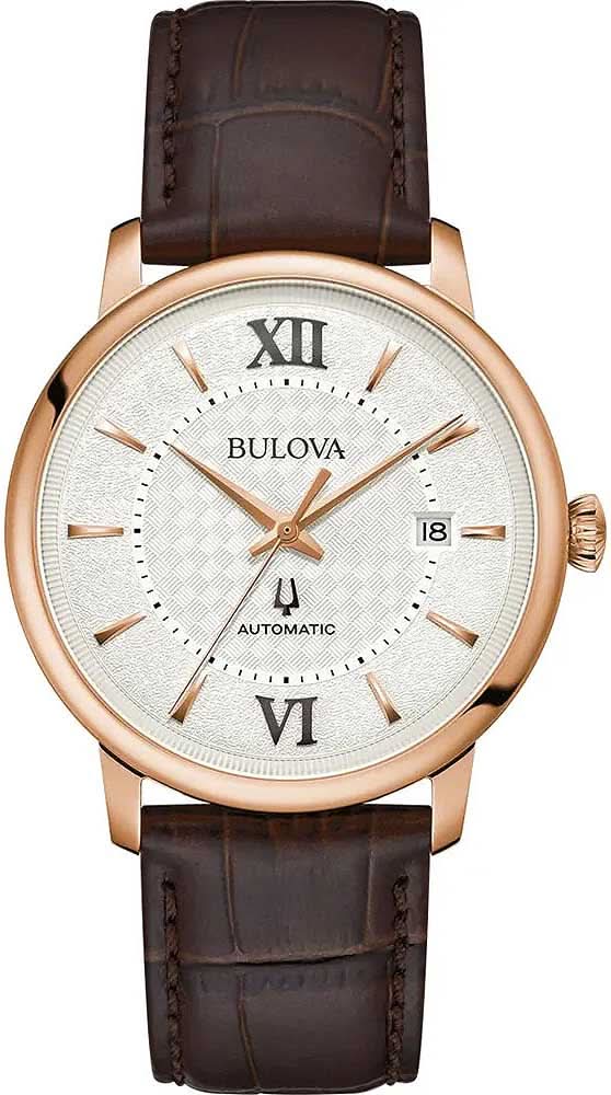 Orologio da uomo automatico con cinturino in pelle marrone, cassa in oro rosa e quadrante bianco