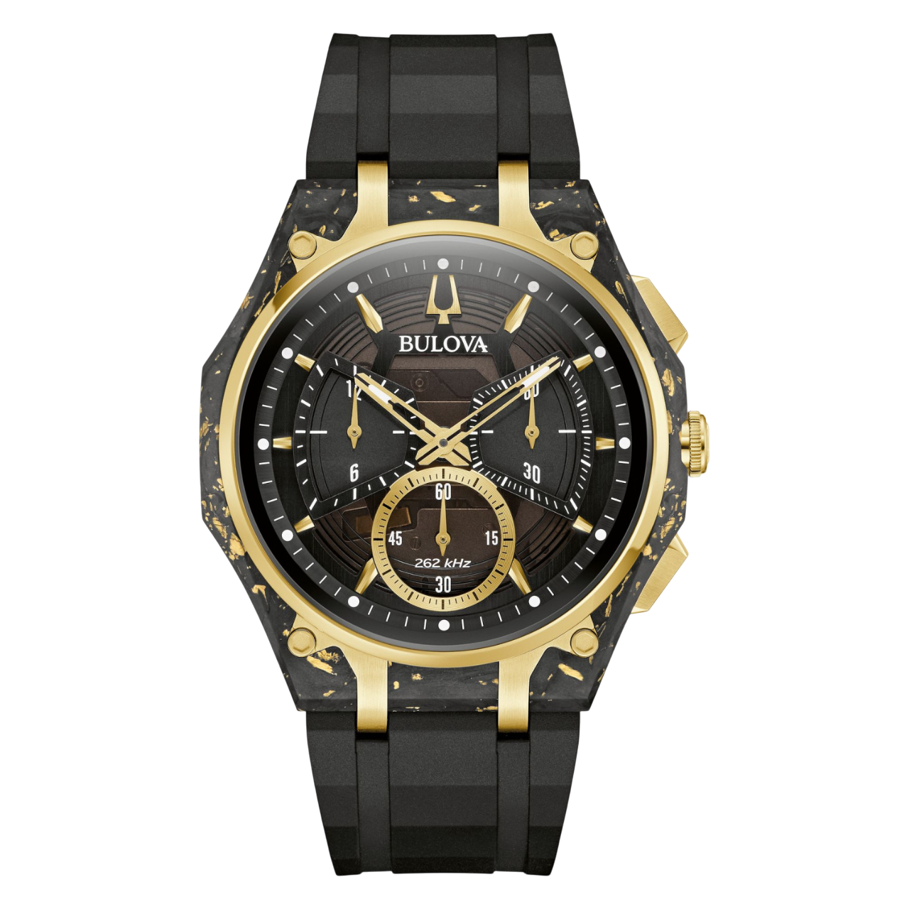 Chronograf męski Bulova z czarną tarczą, złotymi akcentami i czarnym paskiem