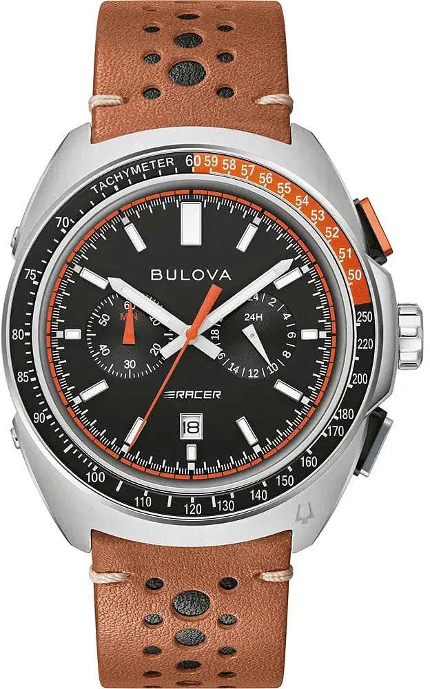 Orologio da uomo con cinturino in pelle marrone, quadrante nero e cronografo