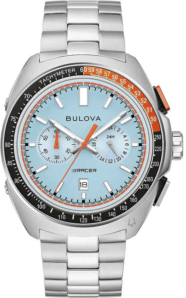 Orologio da uomo Bulova con cinturino in metallo color argento, quadrante blu-bianco e accento arancione
