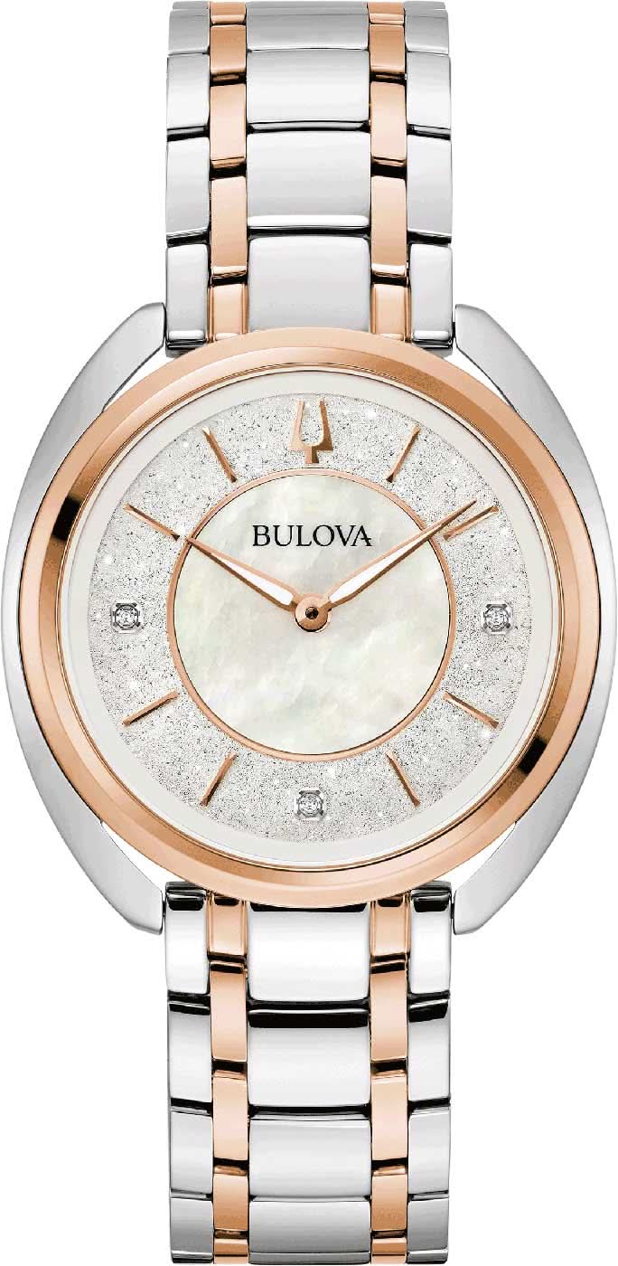 Orologio da donna Bulova: quadrante in madreperla, lunetta color oro rosa, 3 indici con diamanti