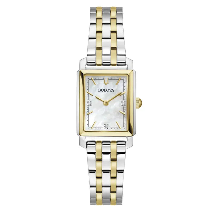 Bulova Sutton 98P220 Damen Armbanduhr Bicolor • Perlmutt-Zifferblatt mit Diamanten • Zweifarbiges Edelstahlarmband