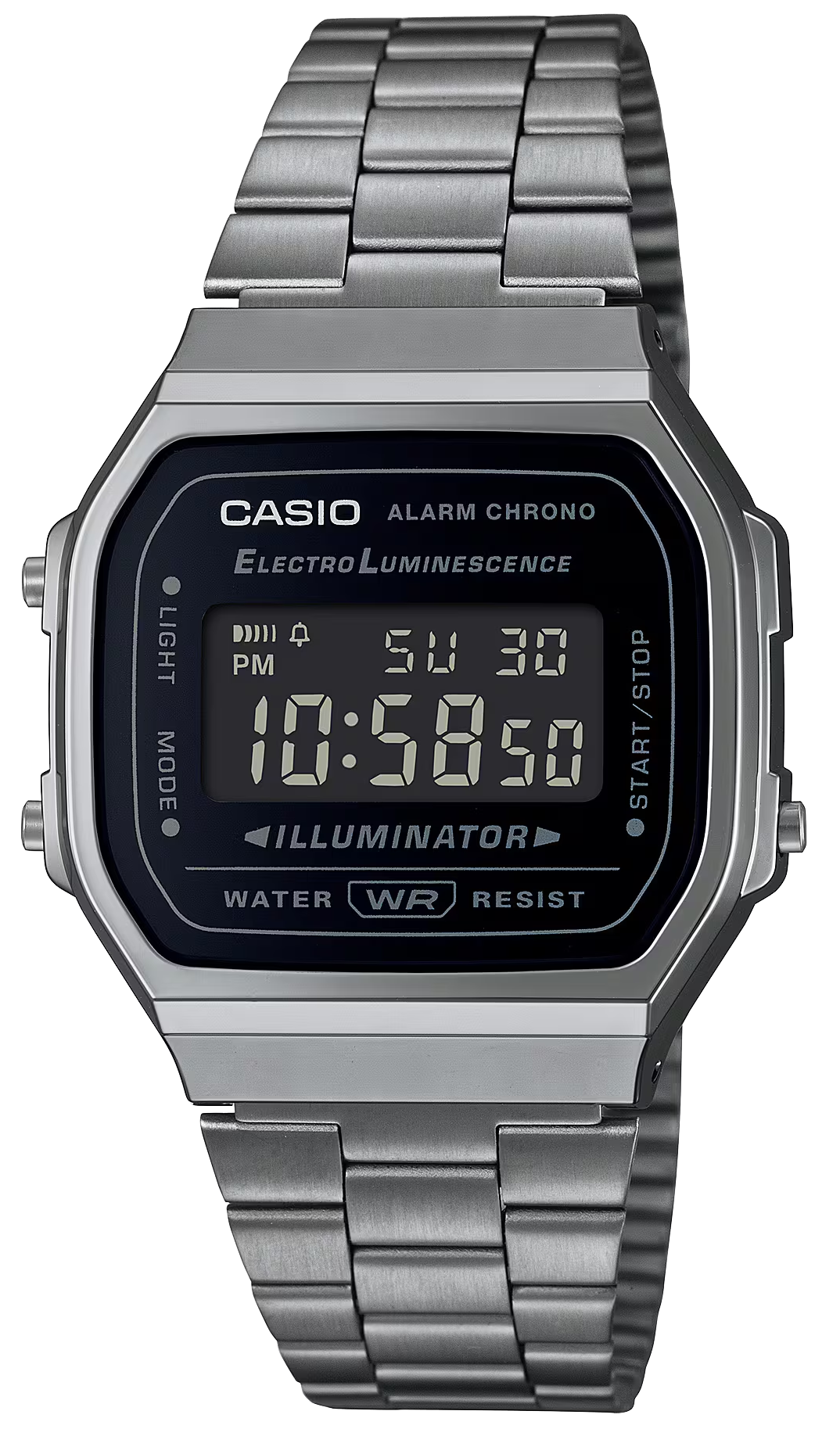 Casio Vintage-Armbanduhr mit silbernem Metallarmband, rundes Digitaldisplay
