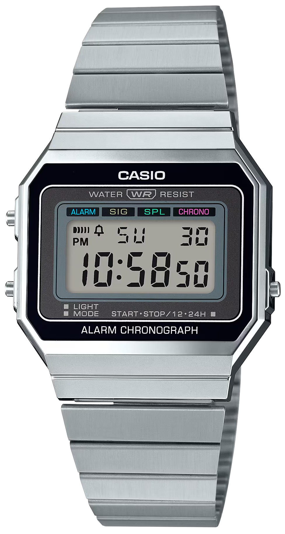 Casio-Uhr mit silberfarbenem Metallarmband, schwarzem LCD-Display und digitaler Anzeige