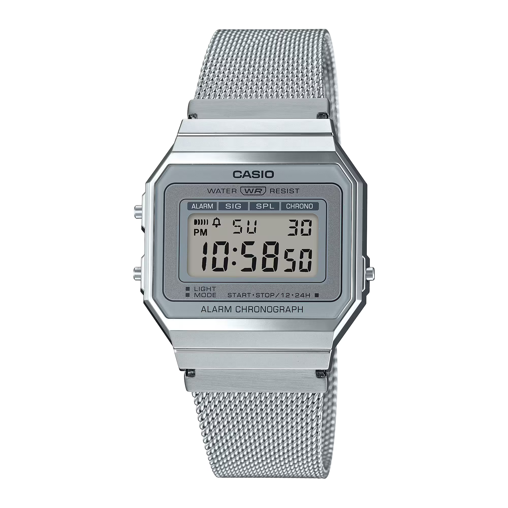 Orologio Casio Vintage con cinturino in metallo argentato e display LCD digitale