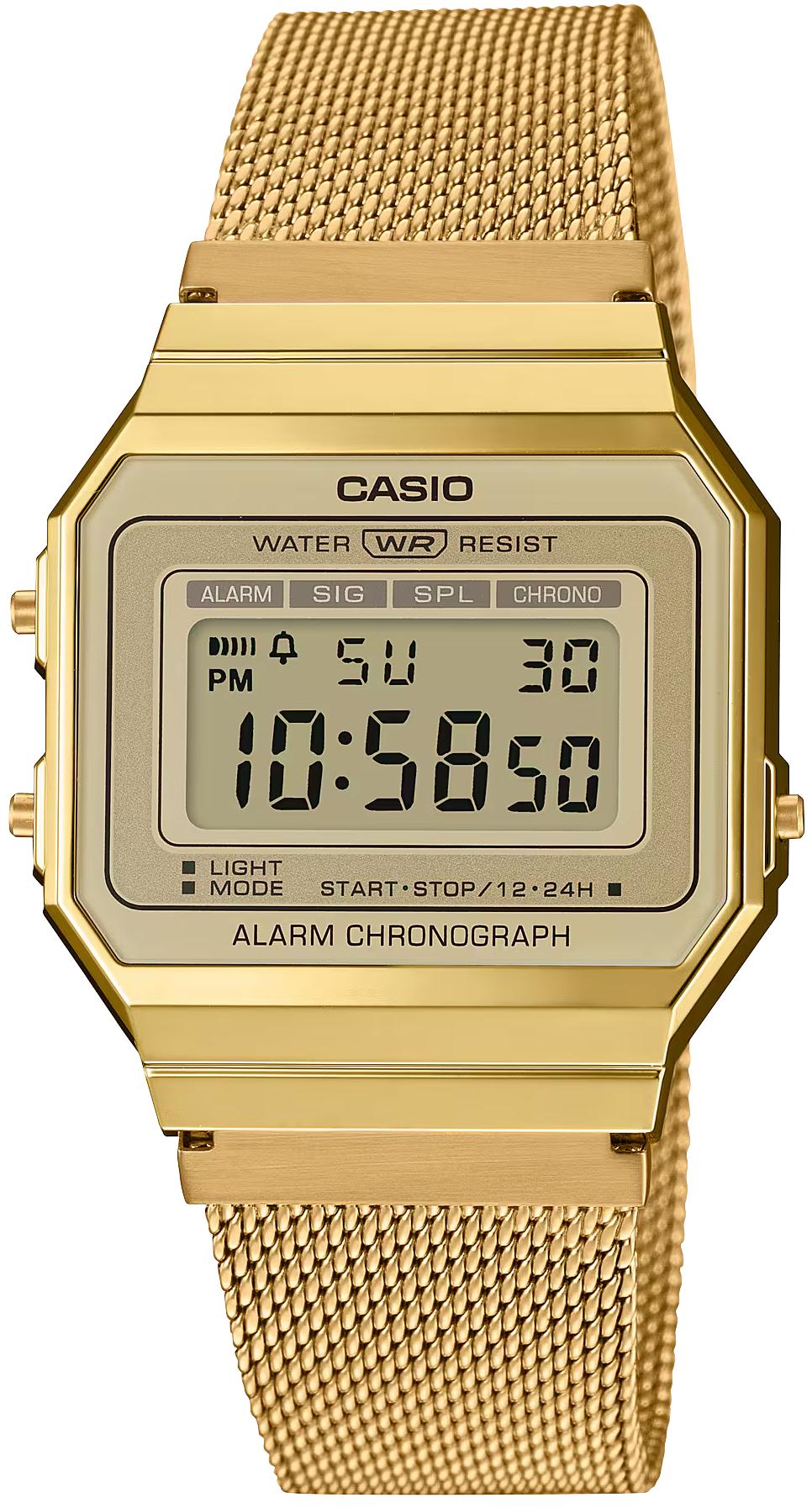 Goldfarbene Damenuhr mit Edelstahl-Meshband und achteckigem Digital-Display, Casio