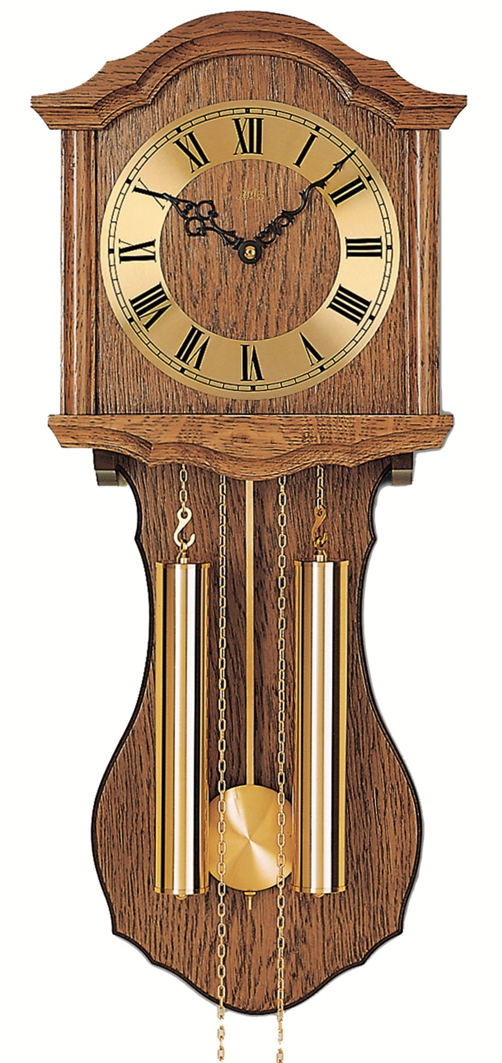 Braune Holz-Wanduhr mit römischem Ziffernblatt, Pendel und Kettenpendel-Antrieb