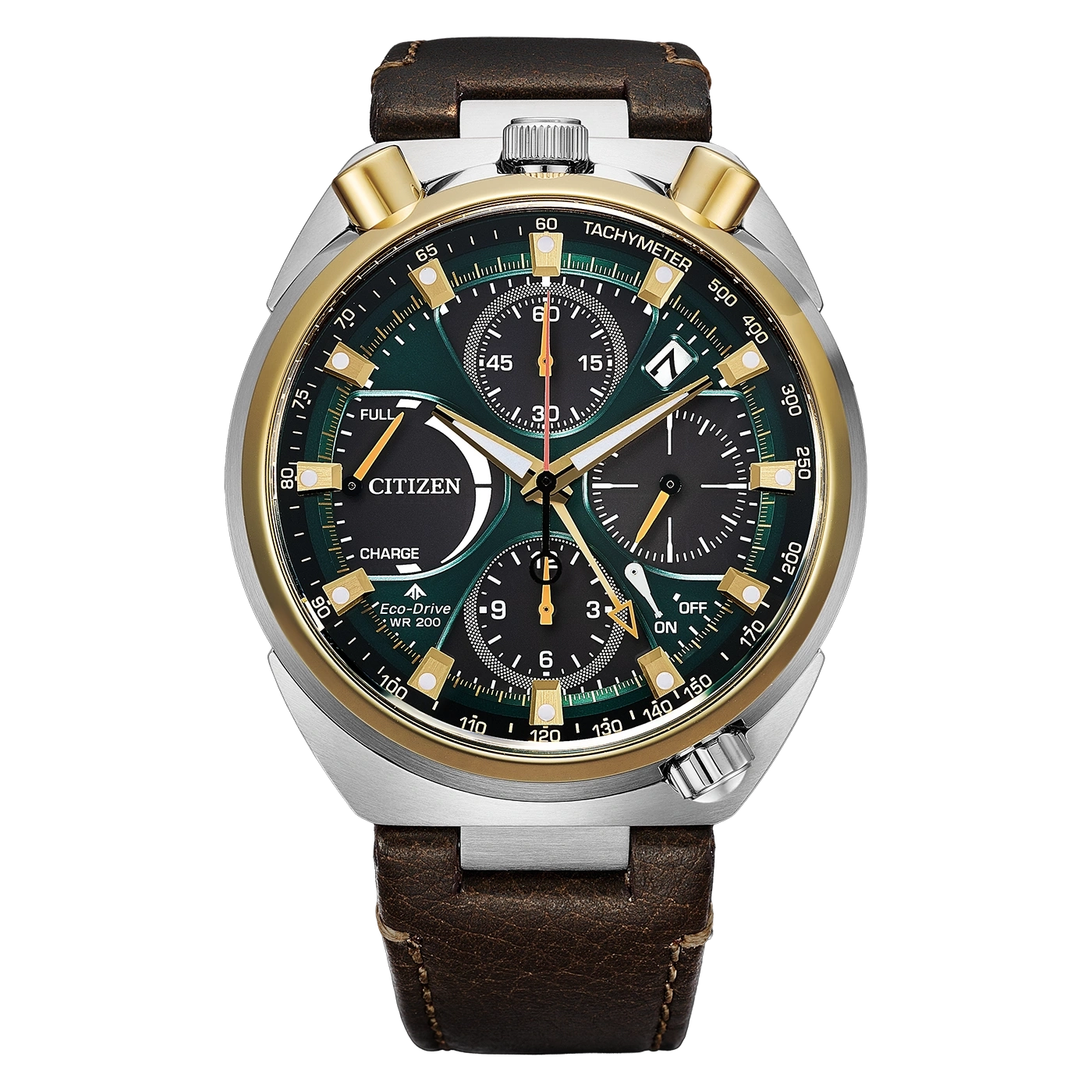 Citizen Promaster Land Herrenarmbanduhr mit grünem Zifferblatt, Lederarmband, Chrono-Optik