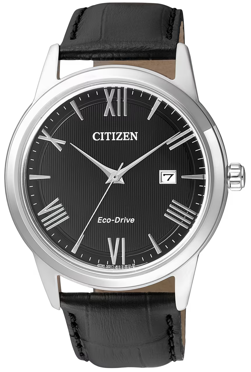 Herrenuhr Citizen mit schwarzem Zifferblatt, silbernem Gehäuse und dunklem Lederarmband