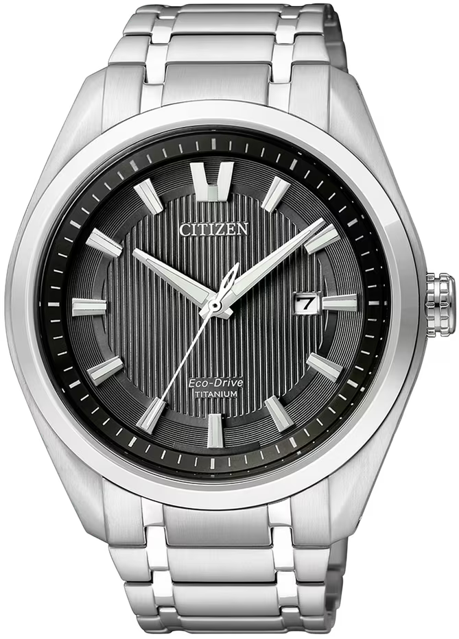 Citizen Herrenuhr mit Metallarmband, rundem schwarzem Zifferblatt und Datumsanzeige bei 7