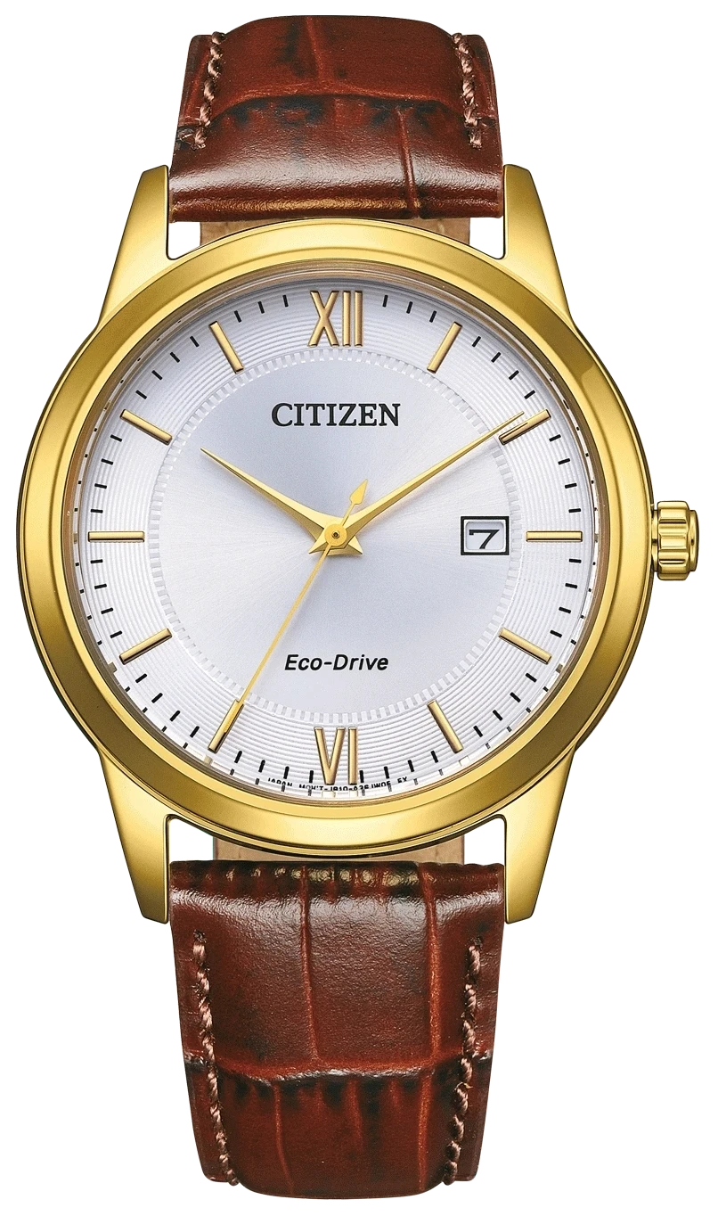 Herrenuhr Citizen mit goldenem Gehäuse und braunem Lederband, weißes Zifferblatt