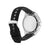 Herrenarmbanduhr mit schwarzem Textilband und silbernem Gehäuse, Rückseite sichtbar