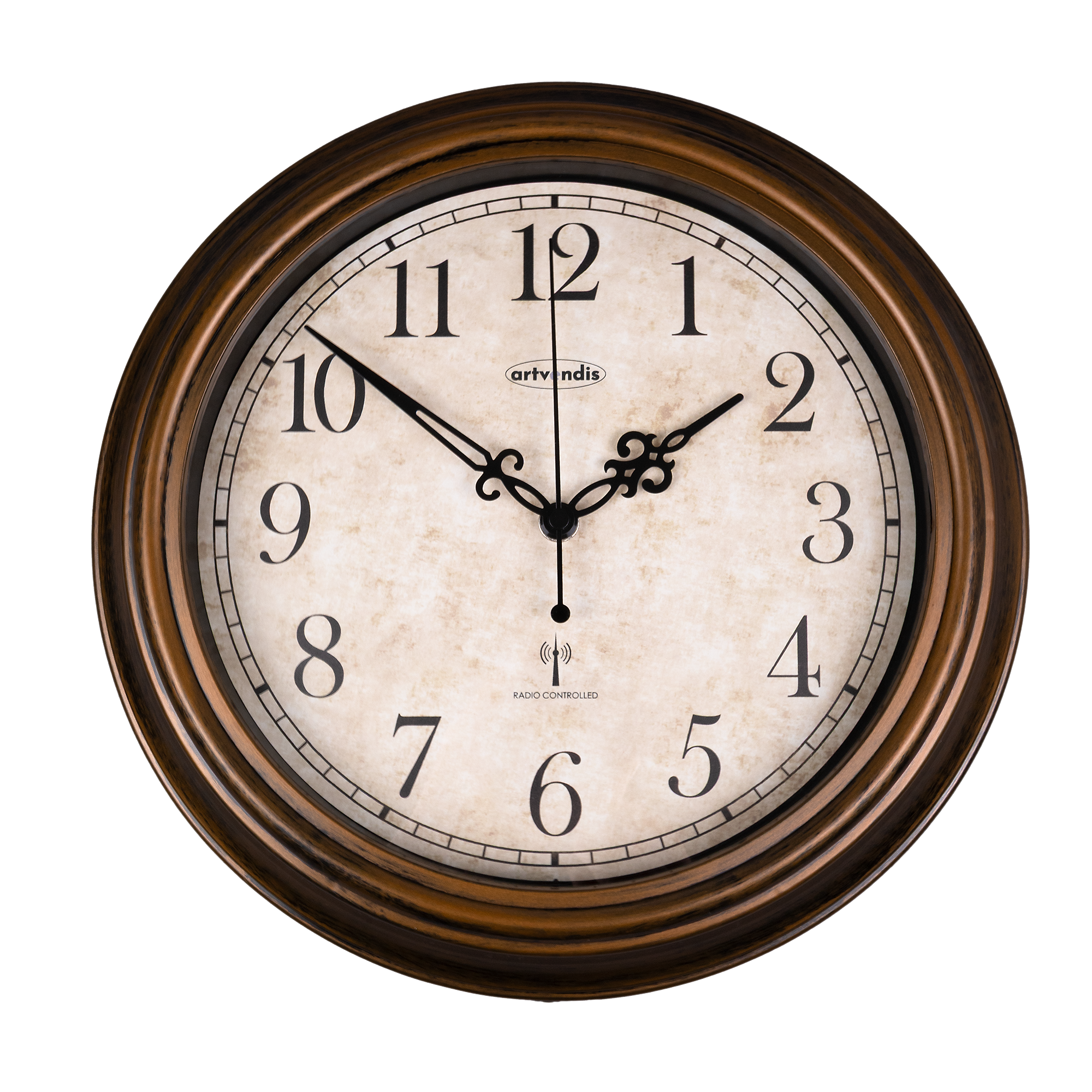 Orologio da giardino con cornice rotonda marrone, quadrante beige, lancette e numeri neri