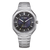 Herrenarmbanduhr mit blau-schwarzem Zifferblatt und silbernem Metallarmband, rundes Gehäuse.