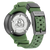 Herrenuhr-Ansicht von hinten mit silbernem Gehäusedeckel und grünem Kautschukband