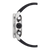 Herrenuhr Seitenansicht mit gerippter Krone, Edelstahlgehäuse und schwarzem Band