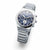 Herrenuhr mit blauem Zifferblatt und silbernem Metallarmband, seitliche Krone.