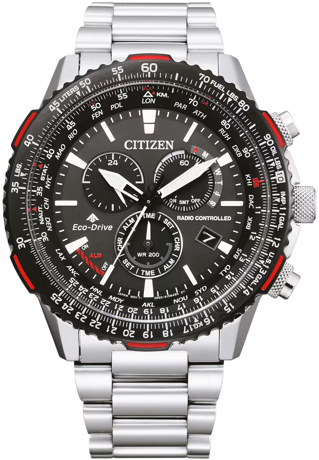 Citizen Sky Herrenuhr mit Edelstahlarmband, schwarzem Zifferblatt und roten Akzenten