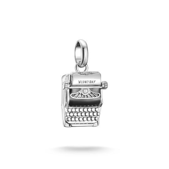 Charm pendente Thomas Sabo in argento con macchina da scrivere e zirconi, 'WEDNESDAY'.