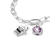 Charm in argento su catena: macchina da scrivere con zirconi e pendente a cuore viola.