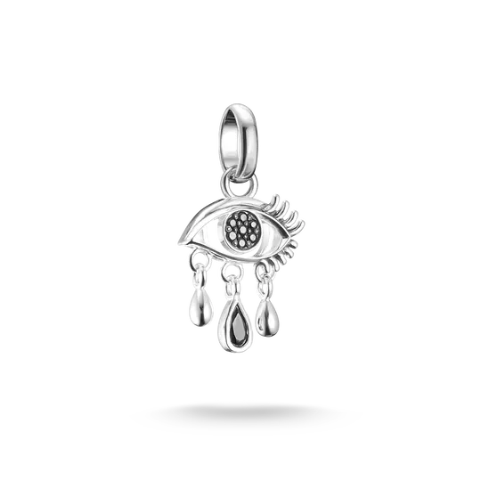 Charm pendente color argento con pietra a goccia nera e zirconi